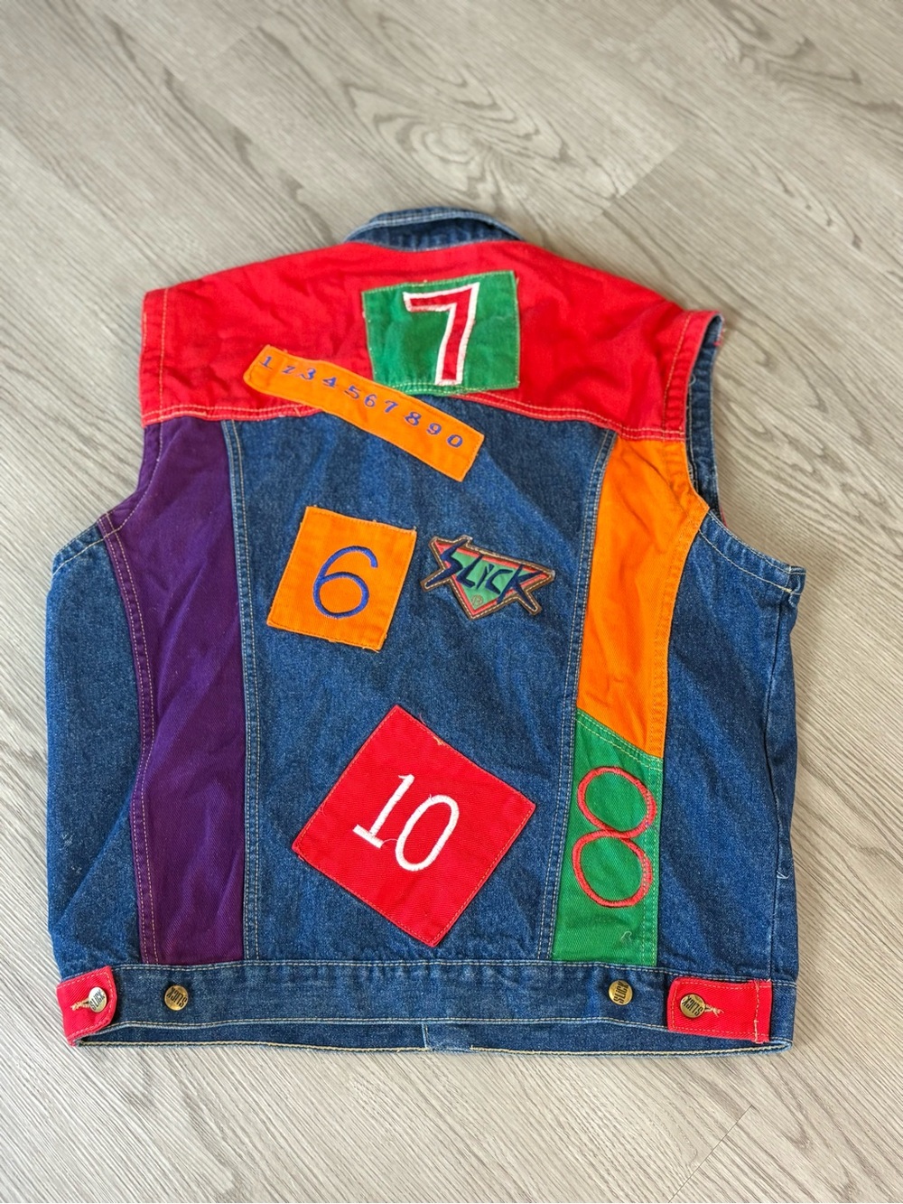 VTG Slick Colorblock Denim Vest with Number Patch - Picture 4 of 4